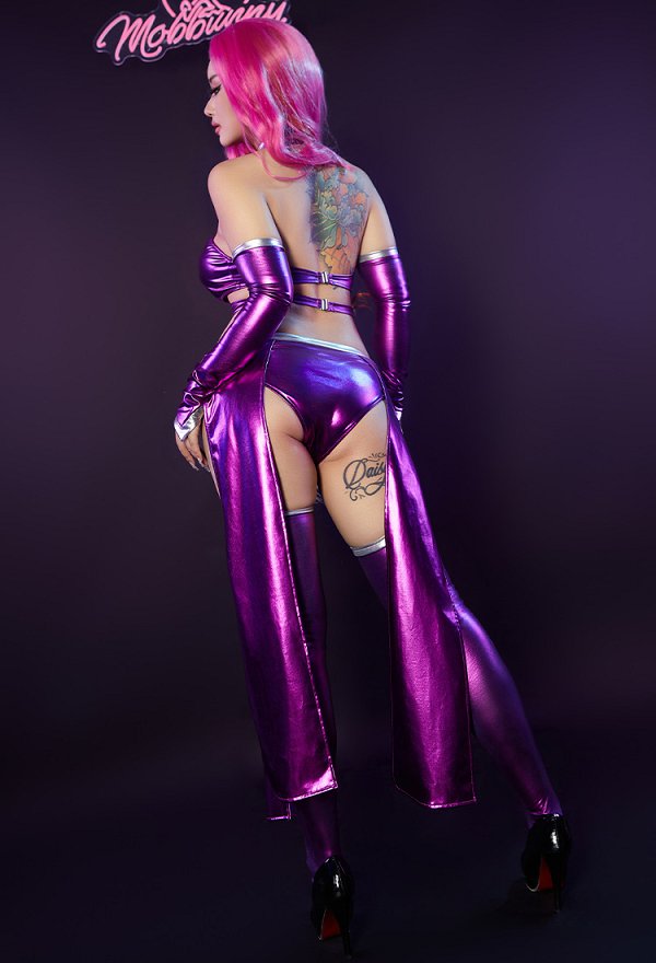 Starfire Derivative Sexy Lingerie Costume Outfit Purple Halter Cutout Bodysuit with Sleeves Stockings
