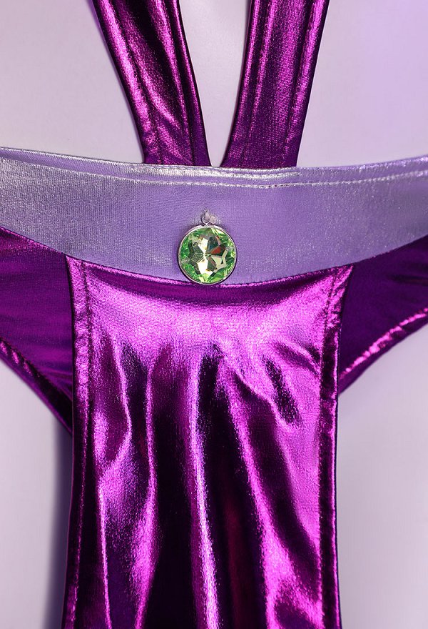 Starfire Derivative Sexy Lingerie Costume Outfit Purple Halter Cutout Bodysuit with Sleeves Stockings