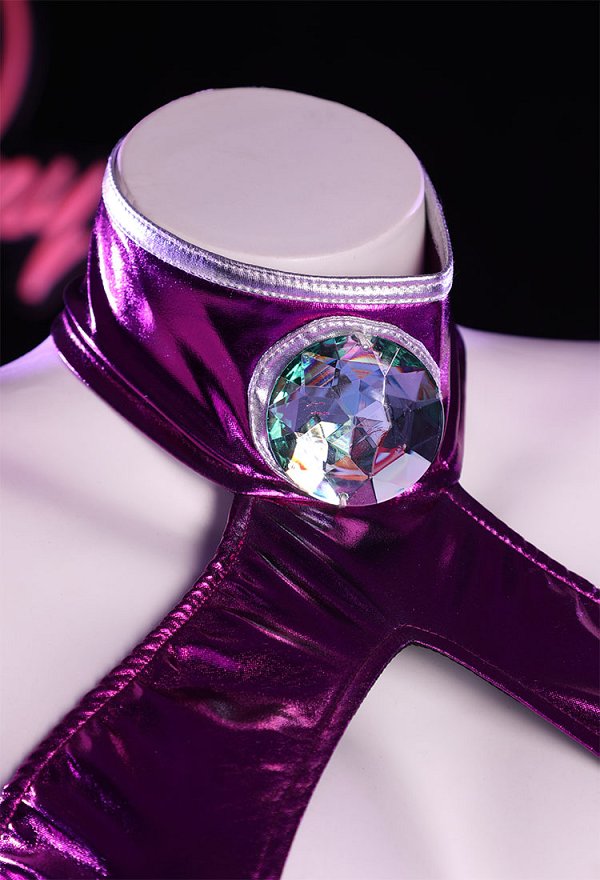 Starfire Derivative Sexy Lingerie Costume Outfit Purple Halter Cutout Bodysuit with Sleeves Stockings