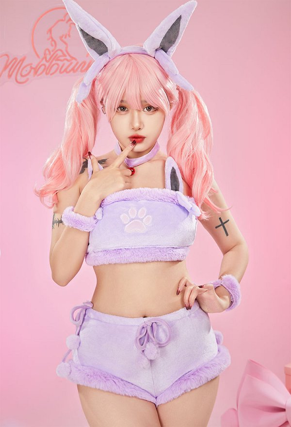 Disfraz de Cosplay PM Derivative Kawaii Purple Plush Sexy Lingerie Set Crop Corsé y Shorts con Cordones Panty Tail Socks Diadema