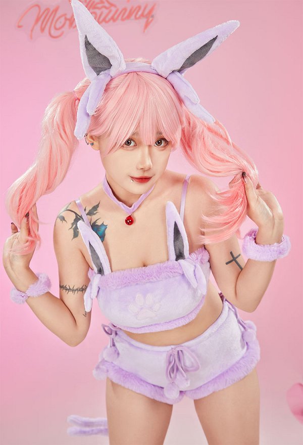 Disfraz de Cosplay PM Derivative Kawaii Purple Plush Sexy Lingerie Set Crop Corsé y Shorts con Cordones Panty Tail Socks Diadema