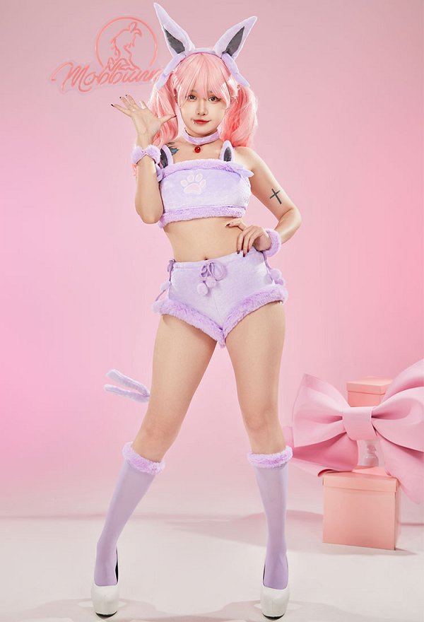 Disfraz de Cosplay PM Derivative Kawaii Purple Plush Sexy Lingerie Set Crop Corsé y Shorts con Cordones Panty Tail Socks Diadema