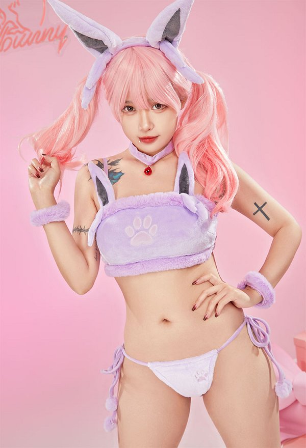 Disfraz de Cosplay PM Derivative Kawaii Purple Plush Sexy Lingerie Set Crop Corsé y Shorts con Cordones Panty Tail Socks Diadema