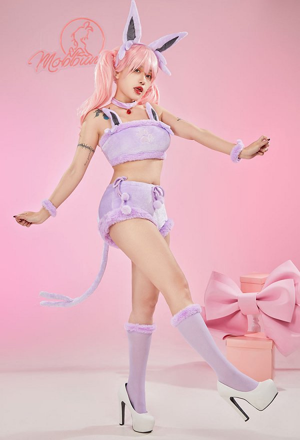 Disfraz de Cosplay PM Derivative Kawaii Purple Plush Sexy Lingerie Set Crop Corsé y Shorts con Cordones Panty Tail Socks Diadema