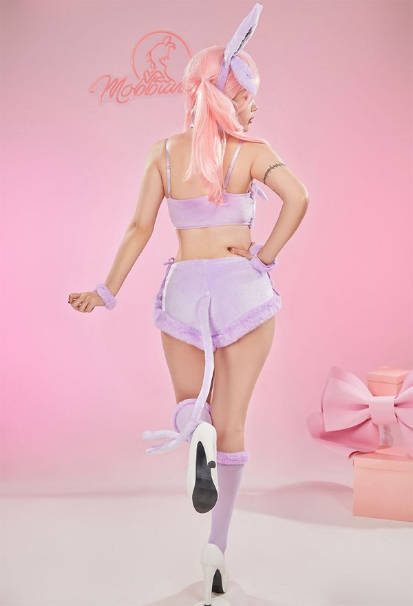 Disfraz de Cosplay PM Derivative Kawaii Purple Plush Sexy Lingerie Set Crop Corsé y Shorts con Cordones Panty Tail Socks Diadema