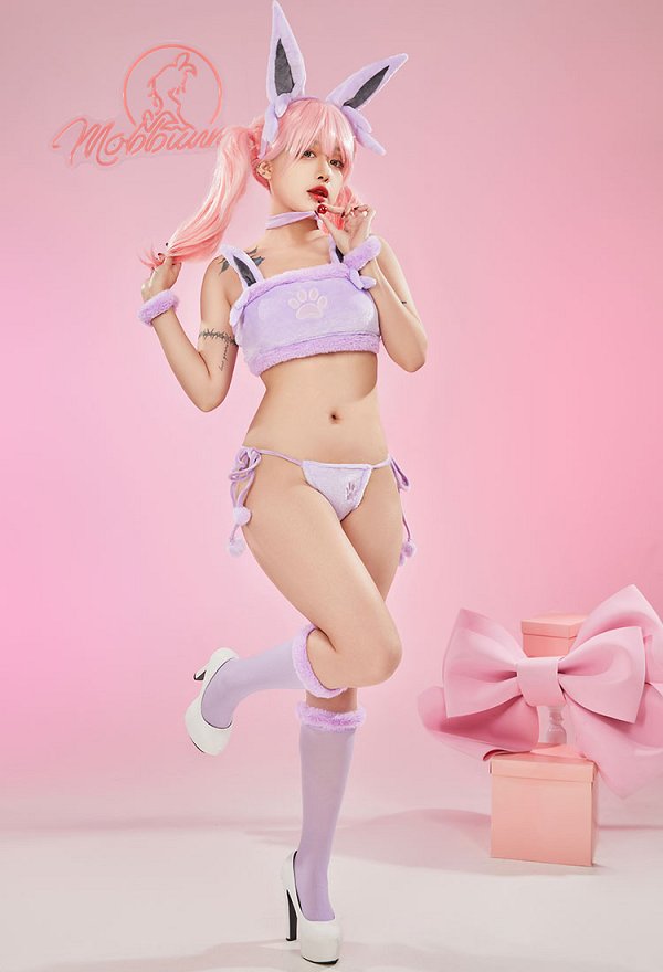 Disfraz de Cosplay PM Derivative Kawaii Purple Plush Sexy Lingerie Set Crop Corsé y Shorts con Cordones Panty Tail Socks Diadema