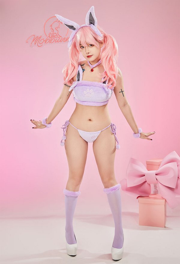 Disfraz de Cosplay PM Derivative Kawaii Purple Plush Sexy Lingerie Set Crop Corsé y Shorts con Cordones Panty Tail Socks Diadema