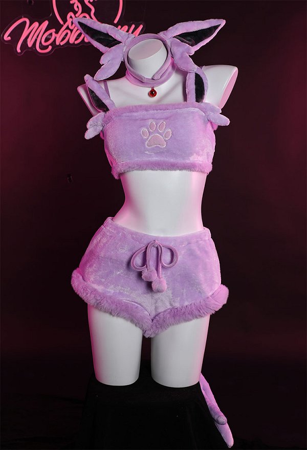 Disfraz de Cosplay PM Derivative Kawaii Purple Plush Sexy Lingerie Set Crop Corsé y Shorts con Cordones Panty Tail Socks Diadema