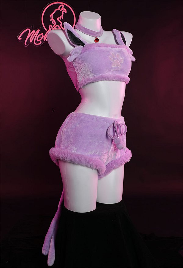 Disfraz de Cosplay PM Derivative Kawaii Purple Plush Sexy Lingerie Set Crop Corsé y Shorts con Cordones Panty Tail Socks Diadema