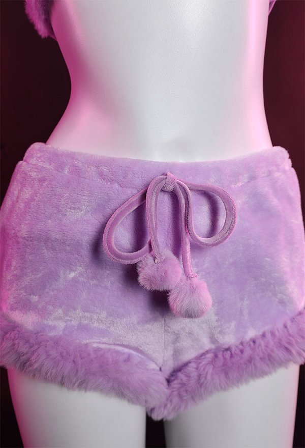 Disfraz de Cosplay PM Derivative Kawaii Purple Plush Sexy Lingerie Set Crop Corsé y Shorts con Cordones Panty Tail Socks Diadema