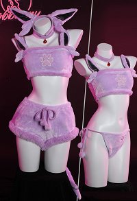 PM Derivative Kawaii Purple Plush Sexy Lingerie Set Crop Top and Shorts with Lace-up Panty Tail Socks Headband