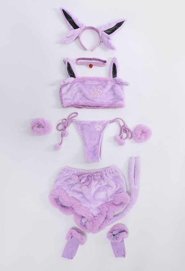 Disfraz de Cosplay PM Derivative Kawaii Purple Plush Sexy Lingerie Set Crop Corsé y Shorts con Cordones Panty Tail Socks Diadema