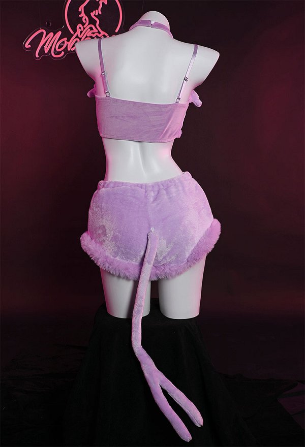 Disfraz de Cosplay PM Derivative Kawaii Purple Plush Sexy Lingerie Set Crop Corsé y Shorts con Cordones Panty Tail Socks Diadema