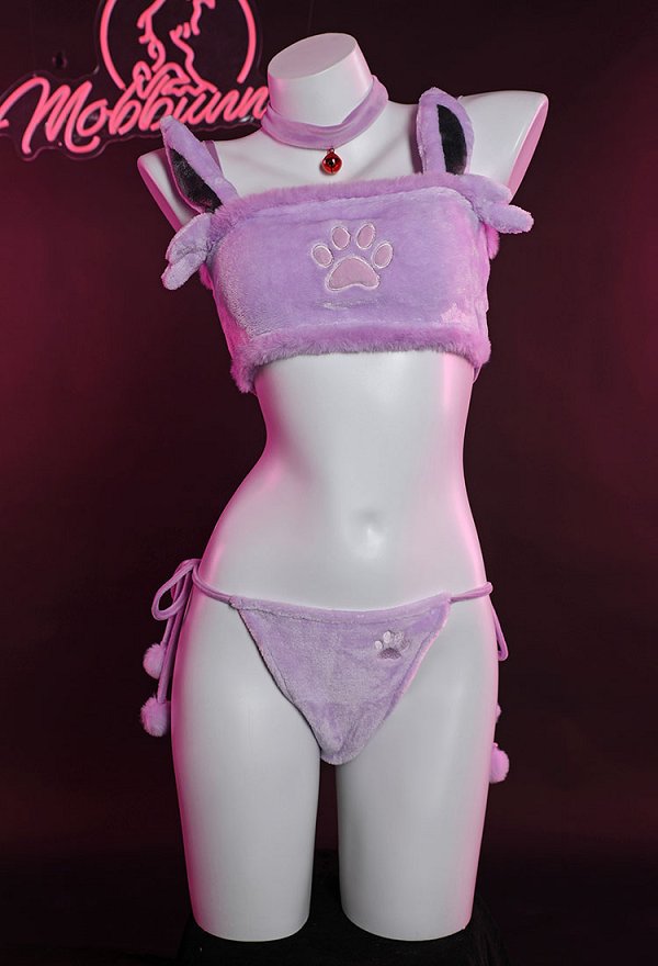 Disfraz de Cosplay PM Derivative Kawaii Purple Plush Sexy Lingerie Set Crop Corsé y Shorts con Cordones Panty Tail Socks Diadema