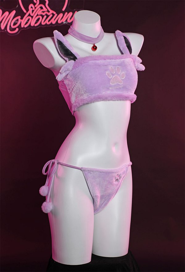 Disfraz de Cosplay PM Derivative Kawaii Purple Plush Sexy Lingerie Set Crop Corsé y Shorts con Cordones Panty Tail Socks Diadema