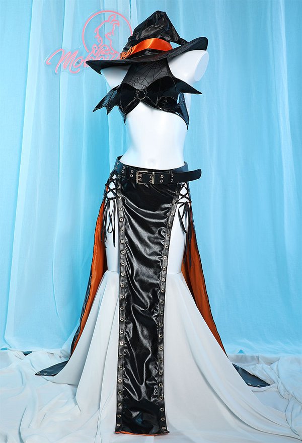 Halloween Gothic Pumpkin Witch Sexy Lingerie Set Halter Bat Wings Top and High Slit Skirt with Hat Gloves Socks