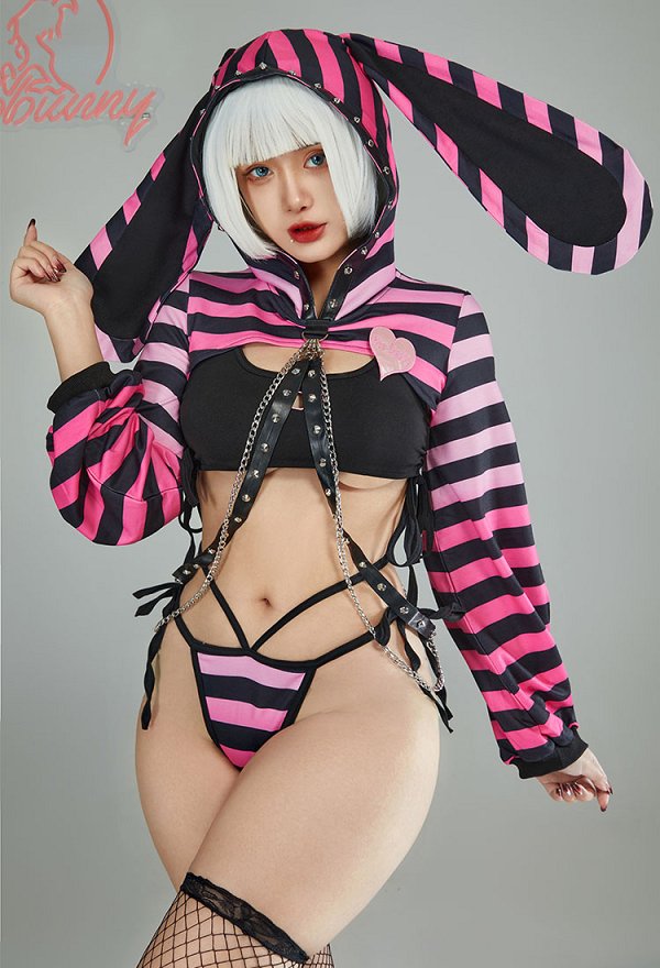 Sexy Kawaii Bunny Schwarz Pink Rosa Set Lingerie Crop Top Mit Kapuze Schnürung Shorts Tanga Streifen Dessous mit Socken Kette Set