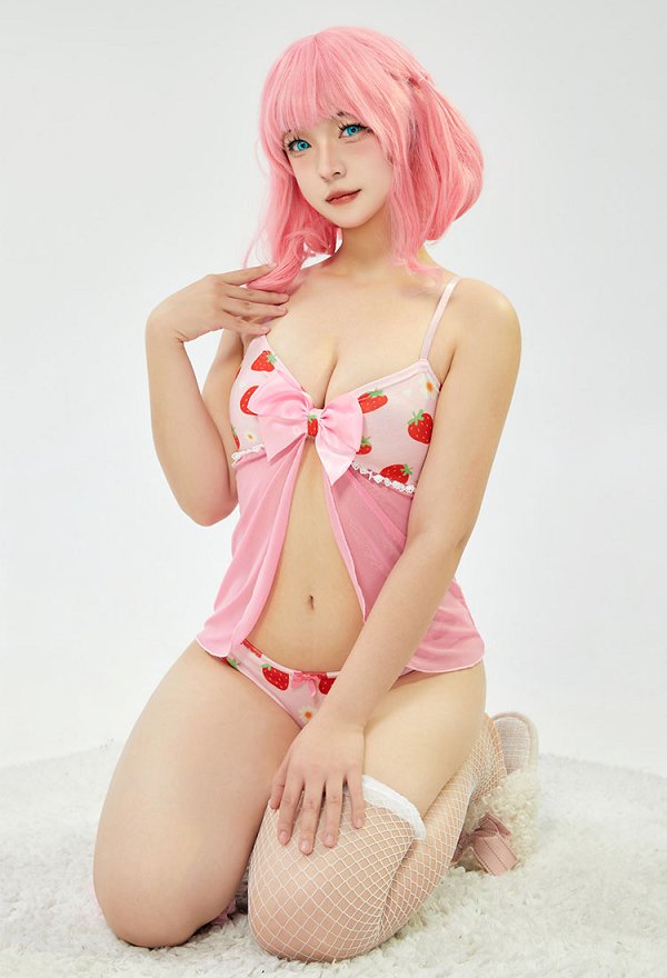 Disfraz de Cosplay Lencería Sexy con Estampado de Fresas y Margaritas con Lazo de Mariposa Camiseta de Malla y Braguita Triangular