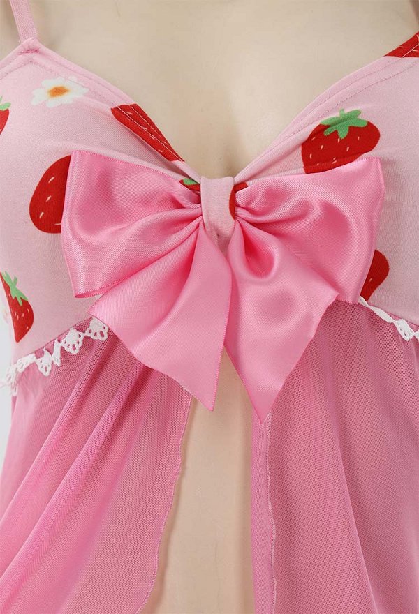 Disfraz de Cosplay Lencería Sexy con Estampado de Fresas y Margaritas con Lazo de Mariposa Camiseta de Malla y Braguita Triangular