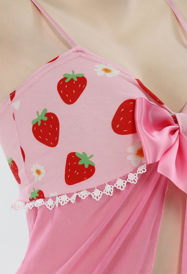 Disfraz de Cosplay Lencería Sexy con Estampado de Fresas y Margaritas con Lazo de Mariposa Camiseta de Malla y Braguita Triangular