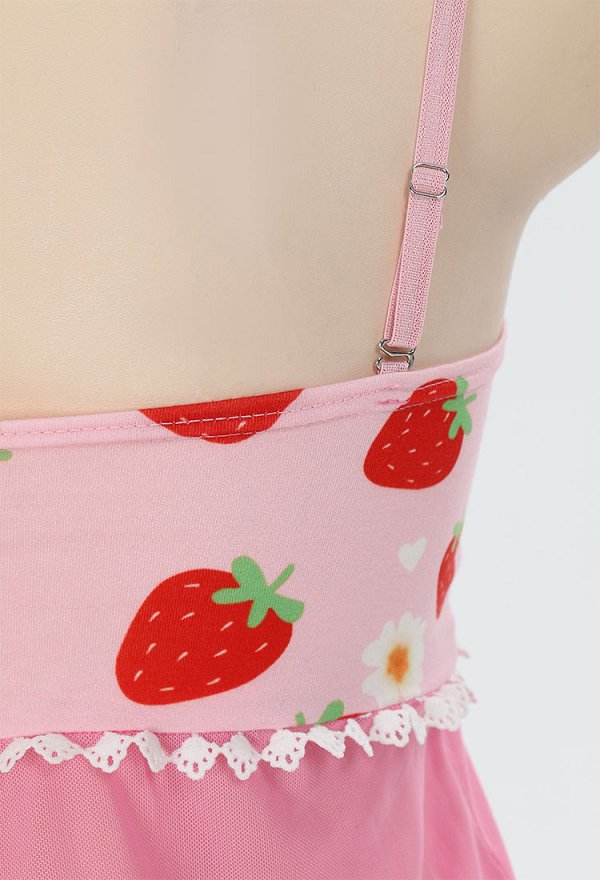 Disfraz de Cosplay Lencería Sexy con Estampado de Fresas y Margaritas con Lazo de Mariposa Camiseta de Malla y Braguita Triangular