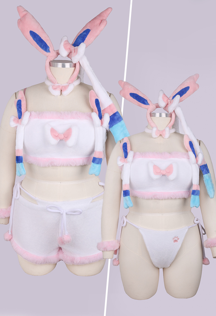 Plus Size PM Derivative Sexy Lingerie Set Pink Crop Top and Shorts with Hand Rings and Tail