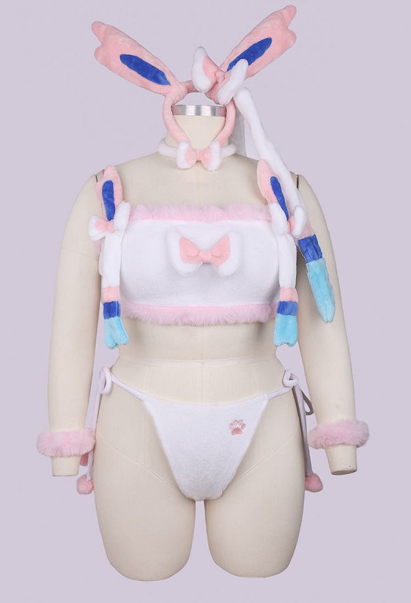 Plus Size PM Derivative Sexy Lingerie Set Pink Crop Top and Shorts with Hand Rings and Tail