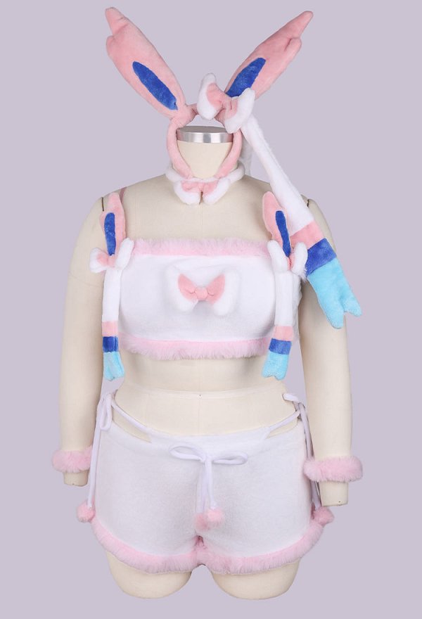 Plus Size PM Derivative Sexy Lingerie Set Pink Crop Top and Shorts with Hand Rings and Tail
