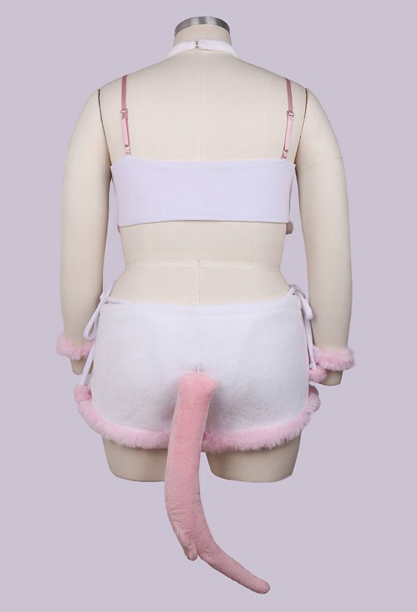 Plus Size PM Derivative Sexy Lingerie Set Pink Crop Top and Shorts with Hand Rings and Tail