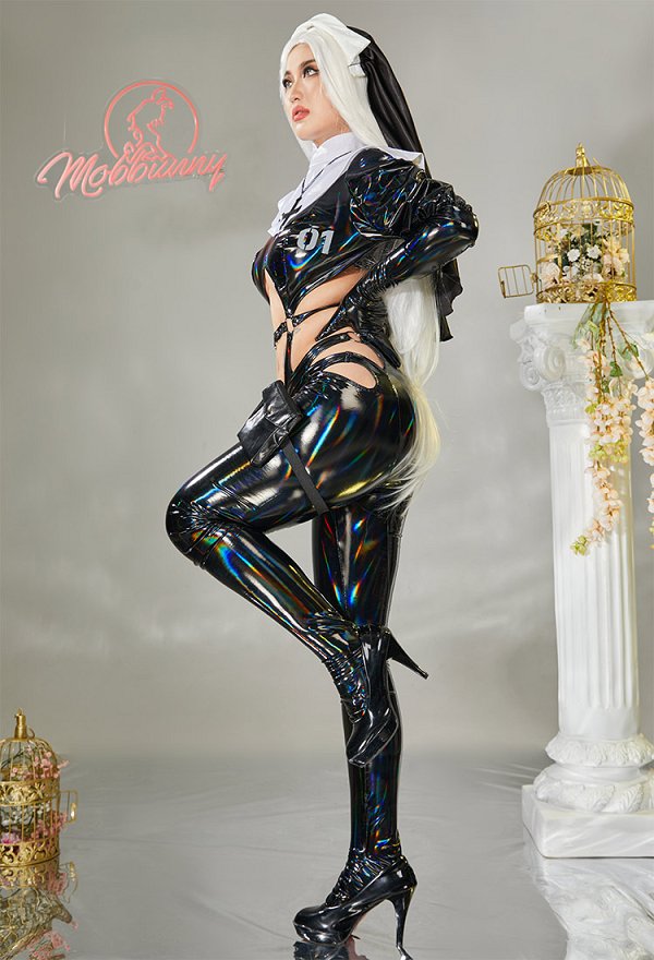 Gothic Nun Sexy Lingerie Set Halloween Sexy Cutout Bodysuit Jumpsuit Costume with Headband Necklace Leg Bag