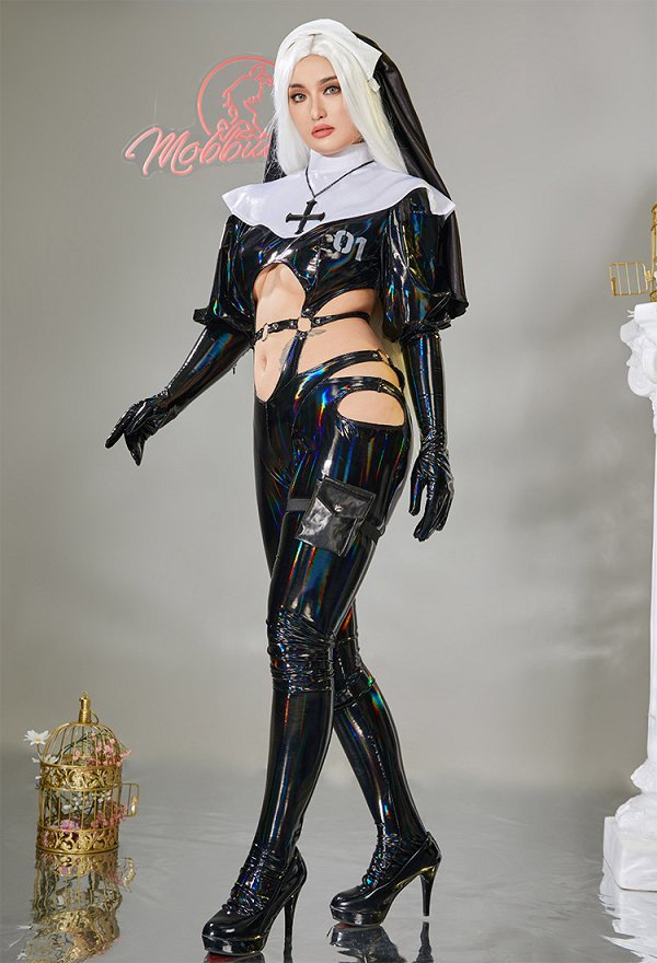 Gothic Nun Sexy Lingerie Set Halloween Sexy Cutout Bodysuit Jumpsuit Costume with Headband Necklace Leg Bag