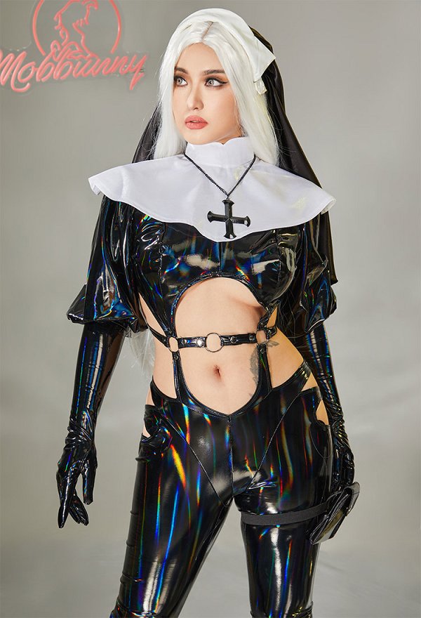 Gothic Nun Sexy Lingerie Set Halloween Sexy Cutout Bodysuit Jumpsuit Costume with Headband Necklace Leg Bag