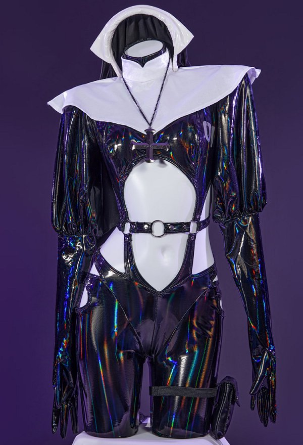 Gothic Nun Sexy Lingerie Set Halloween Sexy Cutout Bodysuit Jumpsuit Costume with Headband Necklace Leg Bag
