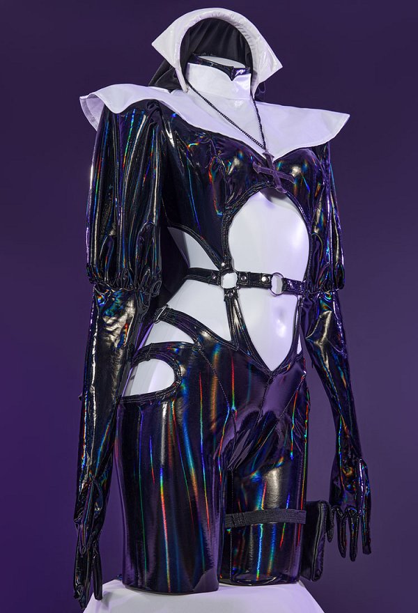 Gothic Nun Sexy Lingerie Set Halloween Sexy Cutout Bodysuit Jumpsuit Costume with Headband Necklace Leg Bag