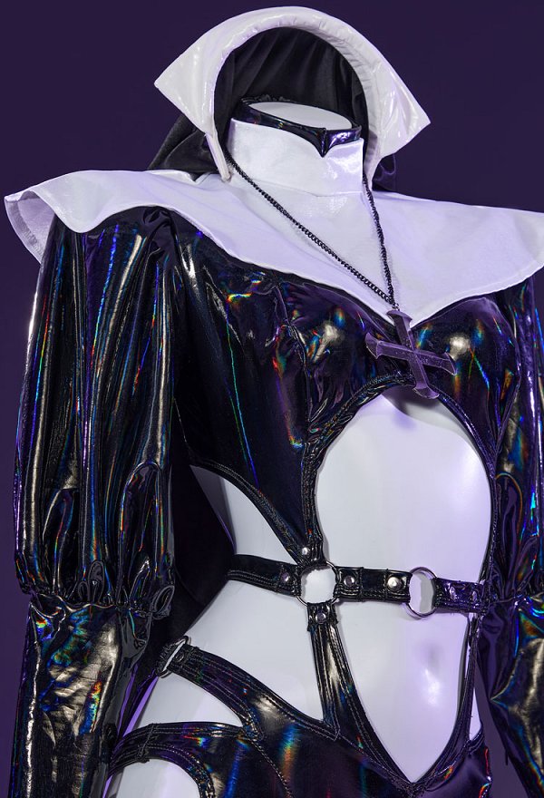 Gothic Nun Sexy Lingerie Set Halloween Sexy Cutout Bodysuit Jumpsuit Costume with Headband Necklace Leg Bag