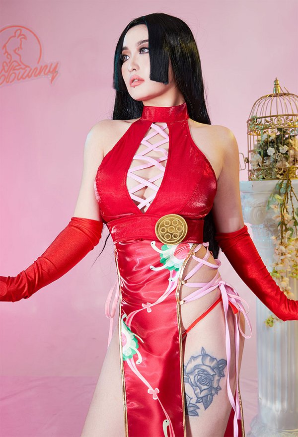Boa Derivado Sexy Lencera de Costume Halloween Cheongsam Conjunto de Vestido de Abertura Alta HalterStyle Boa Derivado Sexy Lencera de Costume Halloween Cheongsam Conjunto de Vestido de Abertura Alta HalterStyle