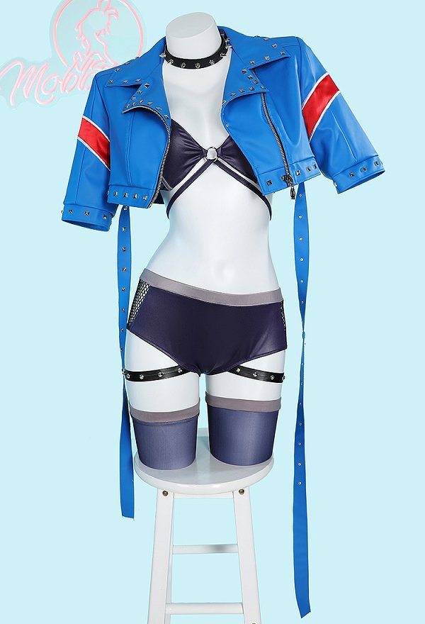 Cammy Derivative Sexy Lingerie Set Outfit Rivet Decor Bra and Mesh Panty with Coat Gloves
