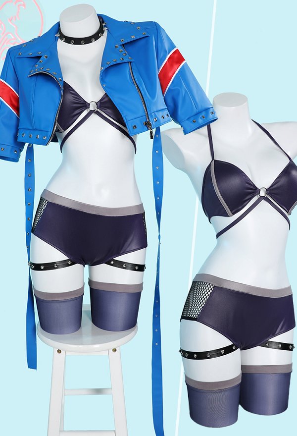 Cammy Derivative Sexy Lingerie Set Outfit Rivet Decor Bra and Mesh Panty with Coat Gloves