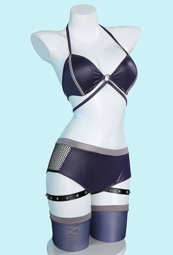 Cammy Derivative Sexy Lingerie Set Outfit Rivet Decor Bra and Mesh Panty with Coat Gloves