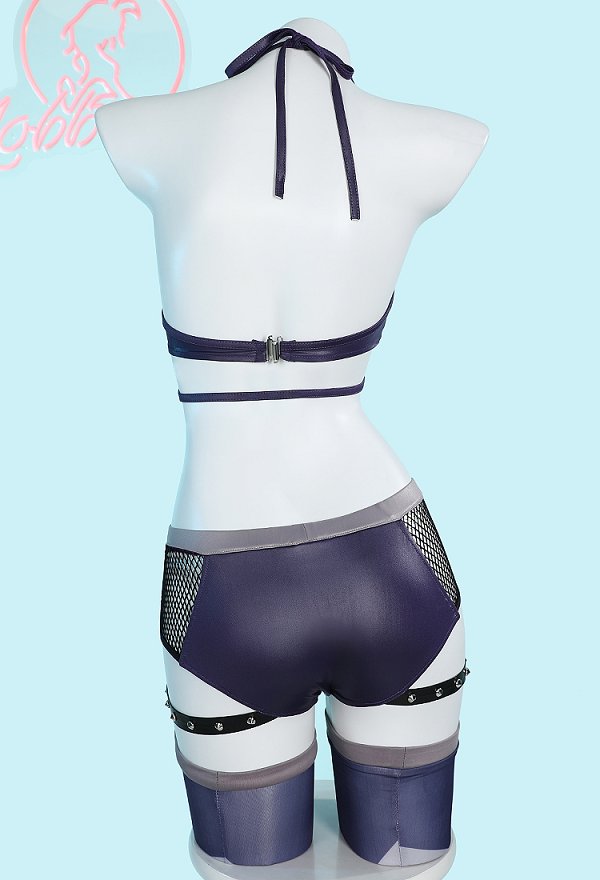 Cammy Derivative Sexy Lingerie Set Outfit Rivet Decor Bra and Mesh Panty with Coat Gloves
