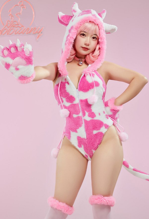 Sexy Kawaii Pink Bodysuit Kuh Lingerie High Cut Schnürung Dessous mit Socken Handschuhe Choker Schwanz Set Sexy Kawaii Pink Bodysuit Kuh Lingerie High Cut Schnürung Dessous mit Socken Handschuhe Choker Schwanz Set