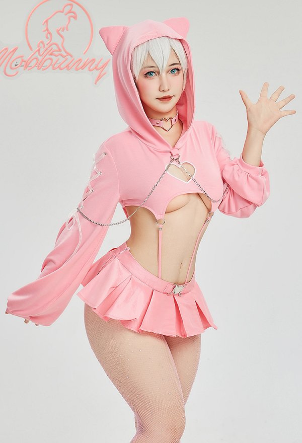 Valentine's Day Kawaii Cat Sexy Lingerie Set Pink Heart Cutout Hoodie and Skirt with Thong Pantyhose