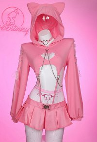 Valentine's Day Kawaii Cat Sexy Lingerie Set Pink Heart Cutout Hoodie and Skirt with Thong Pantyhose