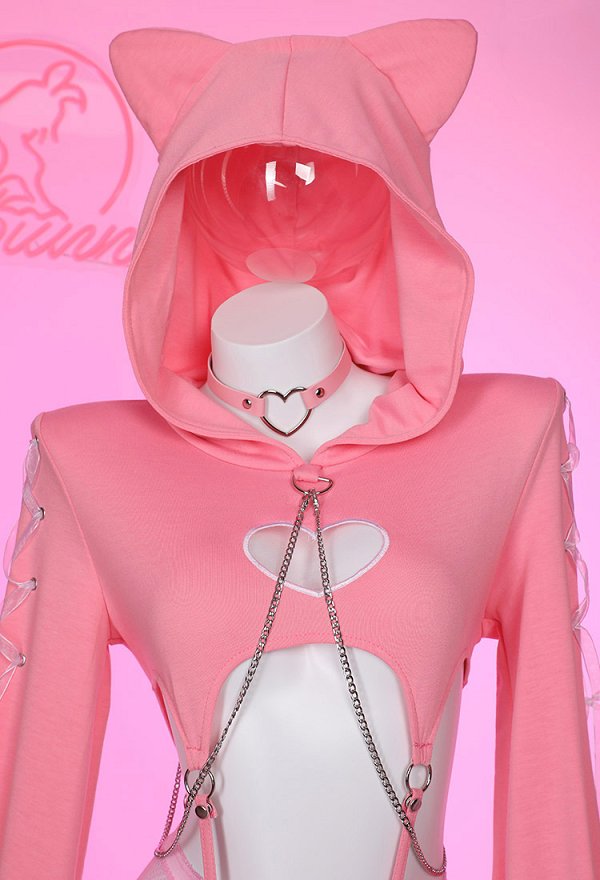 Valentine's Day Kawaii Cat Sexy Lingerie Set Pink Heart Cutout Hoodie and Skirt with Thong Pantyhose