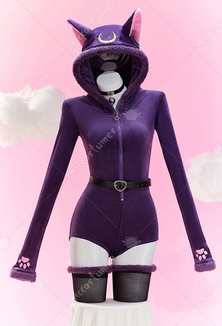 Luna Derivative Fluffy Bodycon Romper Purple Furry Lingerie Hooded Bodysuit Homewear with Tail Belt and Socks