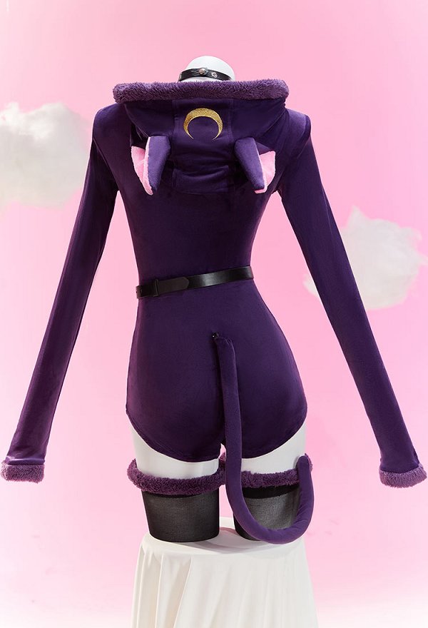 Luna Derivative Fluffy Bodycon Romper Purple Furry Lingerie Hooded Bodysuit Homewear with Tail Belt and Socks