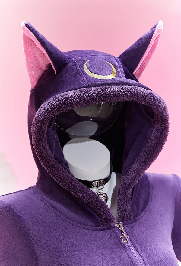 Luna Derivative Fluffy Bodycon Romper Purple Furry Lingerie Hooded Bodysuit Homewear with Tail Belt and Socks