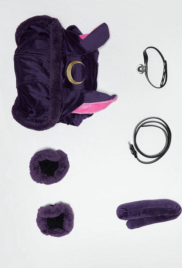 Luna Derivative Fluffy Bodycon Romper Purple Furry Lingerie Hooded Bodysuit Homewear with Tail Belt and Socks