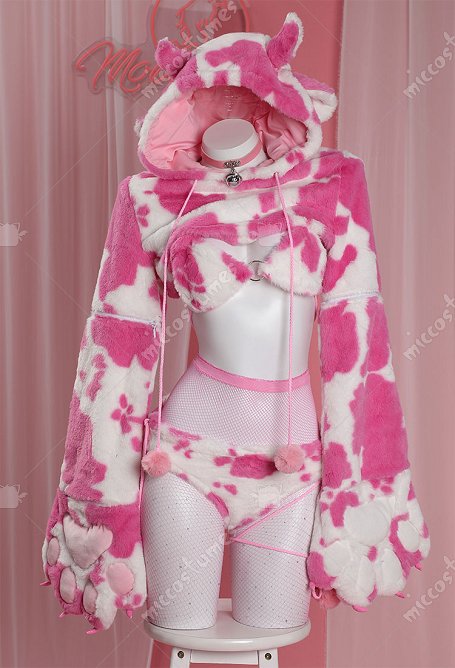 Sexy Lingerie Bikini Set Cow Print Plush Bra and Panty with Short Hoodie and Stockings