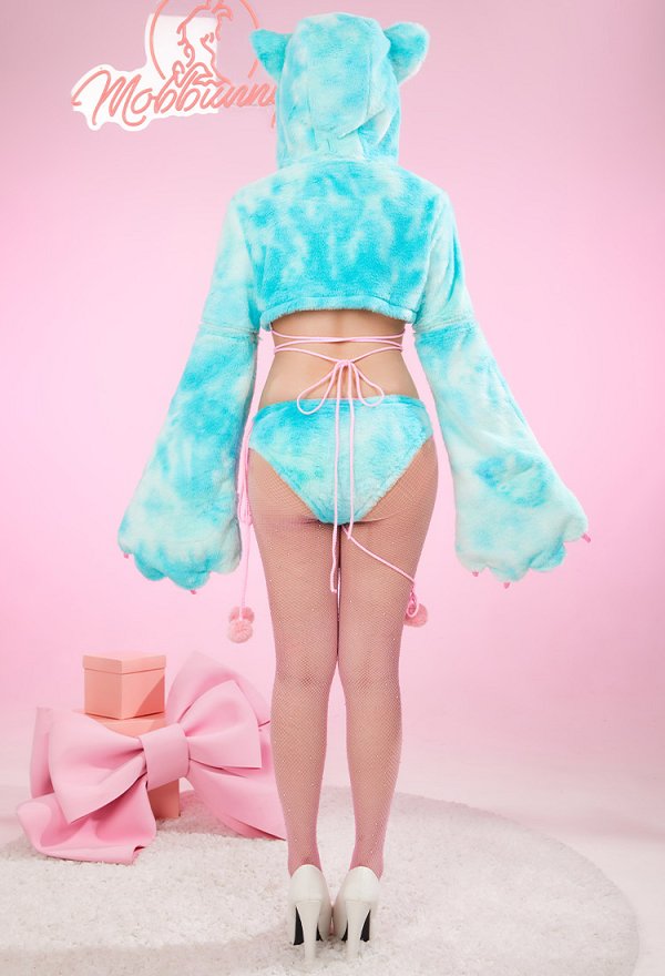Ensemble de Lingerie Sexy Soutien-gorge et Culotte en Peluche Style Chat avec Sweat à Capuche Court et Bas